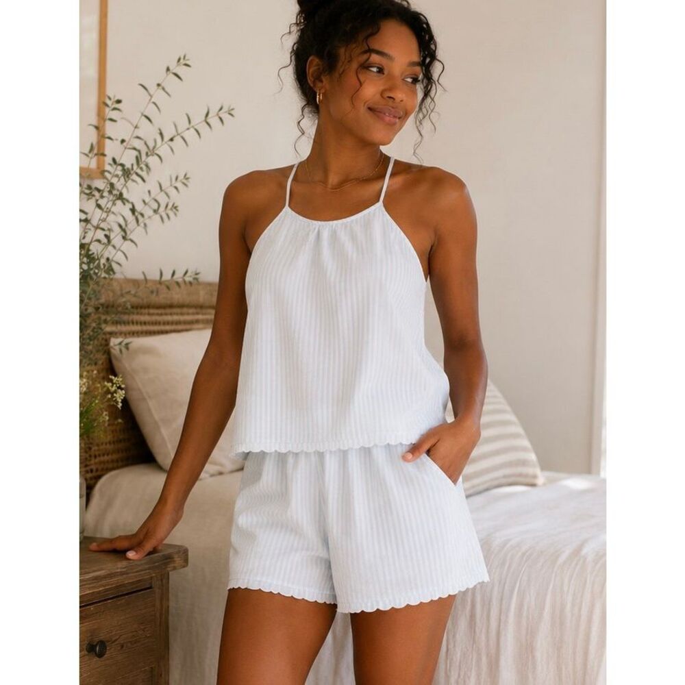 Haven Well Within Blue White Pinstripe Flutter Shirt Short Pajama Pj Set Sz XL 2